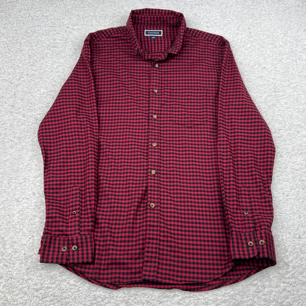 Club Room Mens‎ Red Black Gingham Buffalo Check Button Down Shirt M Long Sleev